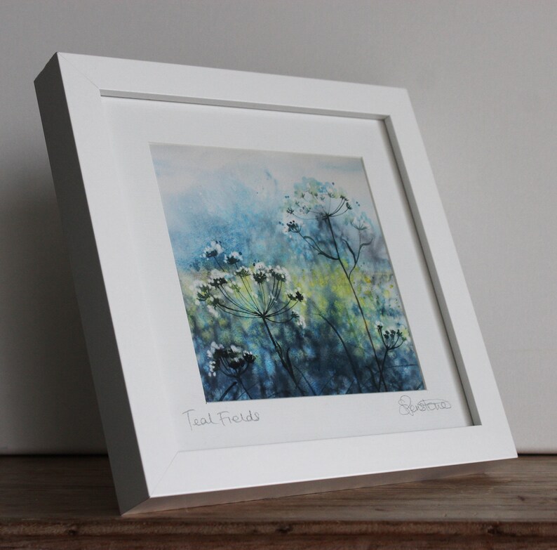 Teal Fields Watercolor Landscape: Framed Hedgerow Art Print immagine 3