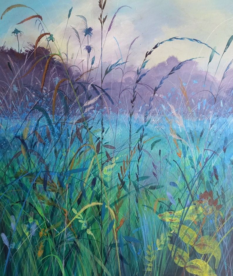 Original ink landscape painting, field art, canvas art, grasses painting, nature art, acrylic ink painting, teal and purple painting image 1