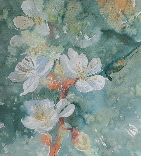 【即出荷】 水彩画の花、春の花の水彩画、春の花の絵、春の庭、花の絵、白い 絵画