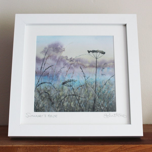 Framed Summer Landscape Watercolor Print: Signed Hedgerow Art