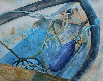 Boat painting, original watercolour painting of a boat, St Ives boat, Cornwall, rowing boat, Cornish art, rustic art, St Ives