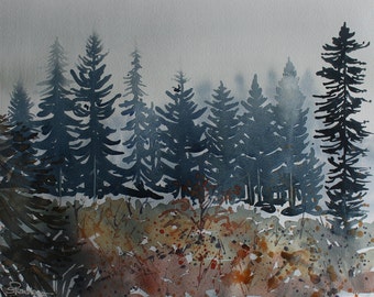 May include: Watercolor painting of a forest scene with tall, dark blue pine trees against a light gray background. The trees are silhouetted against the sky, and the ground is covered in a layer of brown and green foliage.