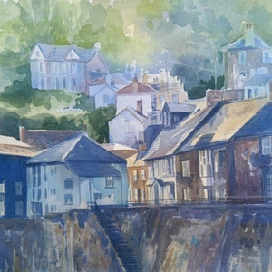 May include: Watercolor painting of a row of houses in a coastal town. The houses are painted in shades of blue, gray, and brown. The painting is done in a realistic style and captures the beauty of the town.