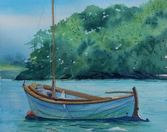 original watercolour of sailing boat on Helford River, Cornwall, boat painting, estuary, Cornish coast, Durgan, nautical art, river's edge