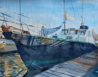 Original boat painting, watercolour of boat, Cornwall harbour, painting of boat, Cornish art, watercolor seascape, Falmouth boat, nautical