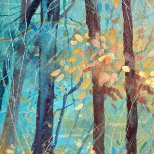 Original tree painting, autumn woodland art, canvas art, autumn leaves painting, nature art, acrylic ink painting, fall landscape image 3
