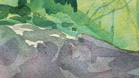 森の水彩画、木の絵、森の絵、夏のアート、木の絵、木の影、緑の