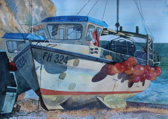 Cadgwith Cove Fishing Boat Watercolor Painting: Cornwall