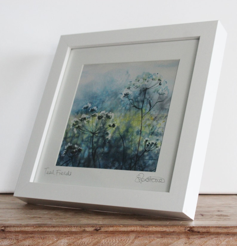 Teal Fields Watercolor Landscape: Framed Hedgerow Art Print immagine 2