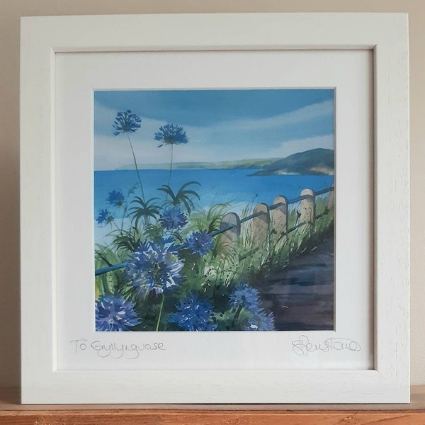 Framed print of Gyllyngvase, Gylly beach, Print of Cornwall, Falmouth print, Cornish art, Agapanthus flowers, blue flowers