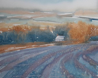Watercolour landscape, winter scene, Cornwall landscape, farmland painting, fields and hills