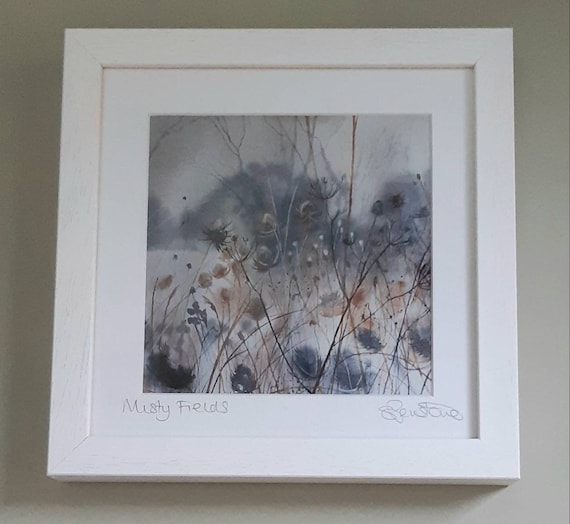 Winter Fields Watercolor Framed Print: Misty Landscape Art