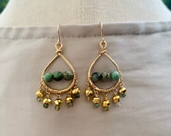 Turquoise, Pyrite, and Chalcedony Teardrop Earrings , 14k Gold Filled