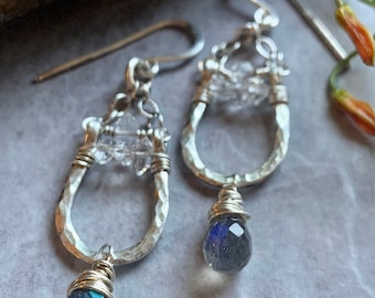 Sterling, labradorite, and herkimer diamond earrings