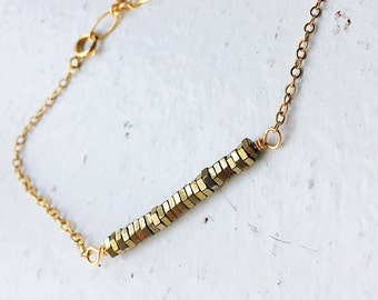 Geometric Hematite Bar Bracelet with Gold Fill chain, Sparkle small Gold Hematite, Dainty