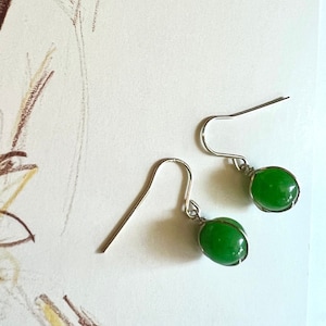 Real Jade Sterling Silver Earrings Wirewrapped Small Gemstone Green Charm Gift
