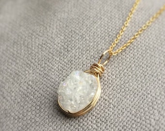 Druzy Agate Necklace Gold Fill wire wrapped hand made Ellipses White Agate Druzy medium