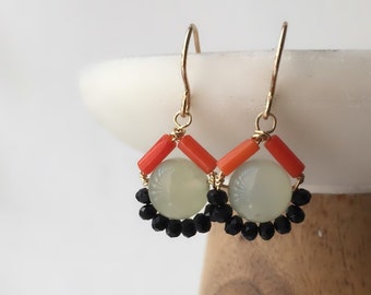 Jade and coral earrings with black stones in gold fill wire