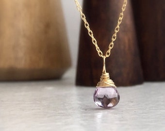 Amethyst necklace gold filled - Pink amethyst drop pendant necklace