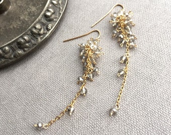 Smoky crystal cluster long earrings gold fill