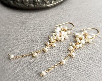 Fresh Water Pearl Cluster Long Earrings Gold Fill