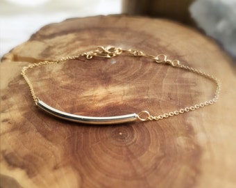 Gold Fill / Sterling Silver curved tube bracelet with gold fill chain