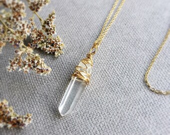 Raw Crystal Necklace Gold Fill wire wrapped, Boho, geo necklace