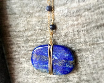 Lapis lazuli Statement 14k Gold Fill Wire Wrapped Necklace with 14k Gold Filled Rolo Chain