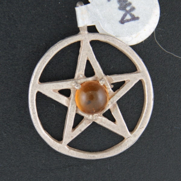 Sterling Silver gemstone pentagram pendant with Amber gemstone cabochon