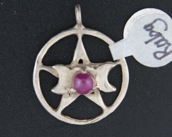 Sterling Silver gemstone triple moon goddess pentagram pendant with Ruby gemstone cabochon