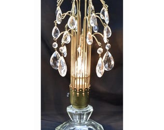Waterfall Table Desk Lamp 1930s Intricate Brass Trim Crystals Glass Base Regency