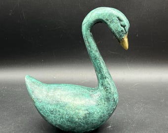 Vintage Verdigris Brass Swan Bird Blue Green Gold Decor Heavy 5"