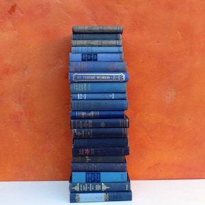 May include: A stack of vintage blue hardcover books with gold lettering on the spines. The books are arranged vertically on a white surface with an orange wall in the background.