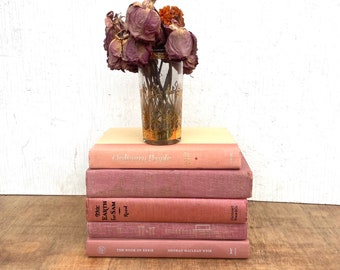 Vintage Dusty Pink Coral Book Stack. Pink books. Decorative Books by Color Home Staging Shabby Cottage Chic Fleamarket Home