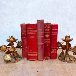 Vintage Antique Orange Red Leather Book Set. Gothic Maximalist Medieval Victorian Dark Academia Piratecore Fantasy Old World Marble