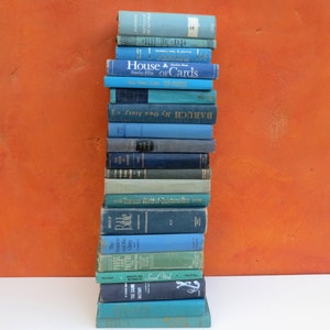 May include: A stack of vintage blue and green hardcover books with various titles, including "House of Cards" and "The Last World of Quintana Roo".