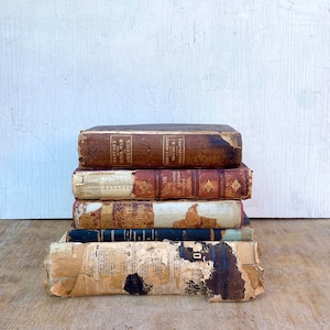 Lot Decorative distressed antique Brown Black Leather Books. Bible French Dictionary LARGE SIZE Oversized. Old World Victorian 1800s Gilt