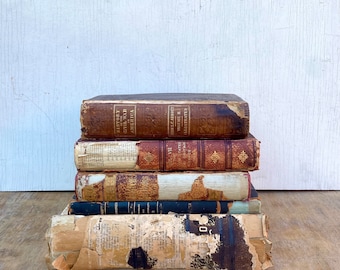 Lot Decorative distressed antique Brown Black Leather Books. Bible French Dictionary LARGE SIZE Oversized. Old World Victorian 1800s Gilt