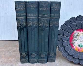 Lot Vintage Green Books. 1900 Decorative Spines. Victorian binding Ornate books. Edwardian Antiquarian books. Gothic home decor. Floral