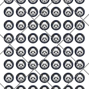 May include: A repeating pattern of panda bears wearing glasses. Each panda is on a dark blue circle against a white background.