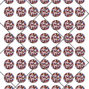 May include: A sheet of 64 round stickers featuring a red, white, and blue butterfly design. The butterflies are arranged in a grid pattern.