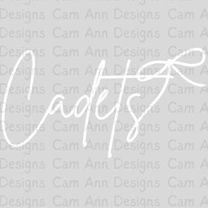 May include: White cursive text that reads "Cadets" with a bow-like flourish on a light gray background. The background is filled with the words "Cam Ann Designs" in a repeating pattern.