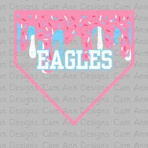 Puede incluir: Un diseño gráfico rosa y blanco con la palabra "EAGLES" en letras blancas. El diseño incluye glaseado rosa con chispas y gotas azules y blancas, todo dentro de una forma de diamante rosa.