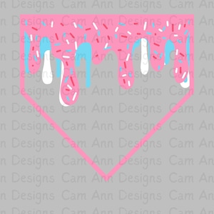 May include: A pink graphic of a baseball home plate shape with a donut design. The top of the plate is pink with blue and red sprinkles and white and blue drips. The text "Cam Ann Designs" is repeated in the background.