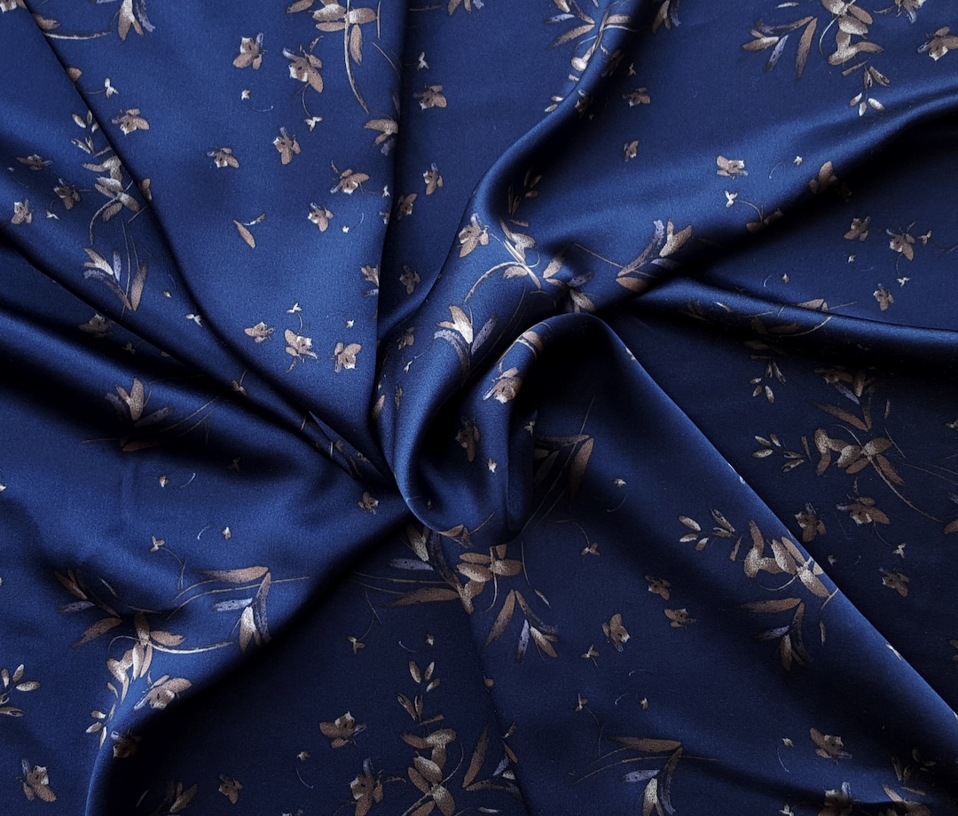 100 Silk Charmeuse Fabric by the Yard Navy With Flowers Print Etsy