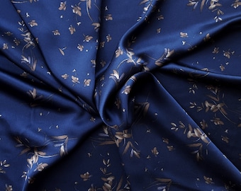 100% Silk Charmeuse Fabric by the Yard Navy with Flowers Print