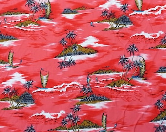 Rayon Challis Fabric Red Hawaiian Island Print by the Yard and Wholesale