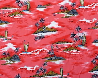 Red Hawaiian Island Print Rayon Challis Fabric by the Yard and Wholesale