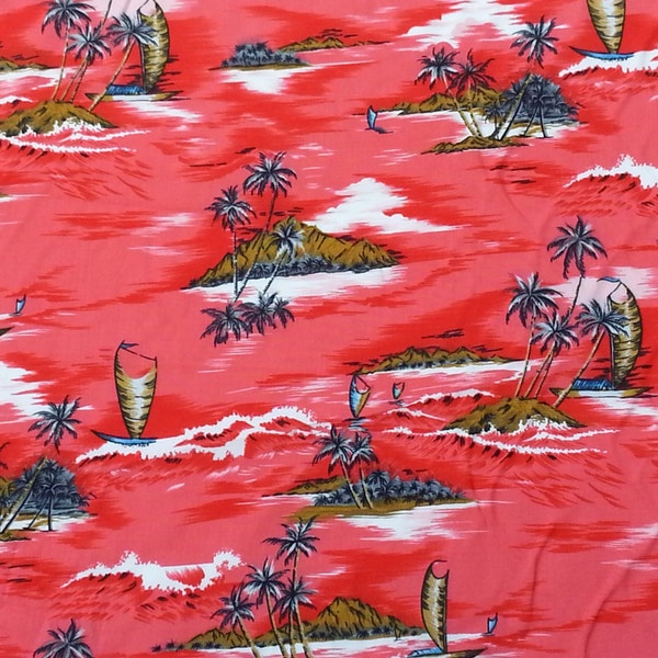 Red Hawaiian Island Print Rayon Challis Fabric by the Yard and Wholesale