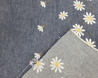 100% Cotton Denim 2 Sided Border Embroider Fabric by the Yard White Daisy [Slipcover, Apron, Bag, Jacket, Upholstery, Drapery]]